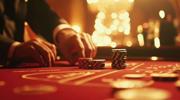 Interior studio permainan meja ayaneo dengan dealer dan peralatan profesional